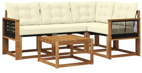 vidaXL Outdoor-Sofagarnitur mit Kissen 5 pcs Natur und Creme, Garten-Sofa, Moderne Außenmöbel, langlebige Sitzgruppe, Bequeme Lounge, Akazien-Sitze, Entspannung im Garten
