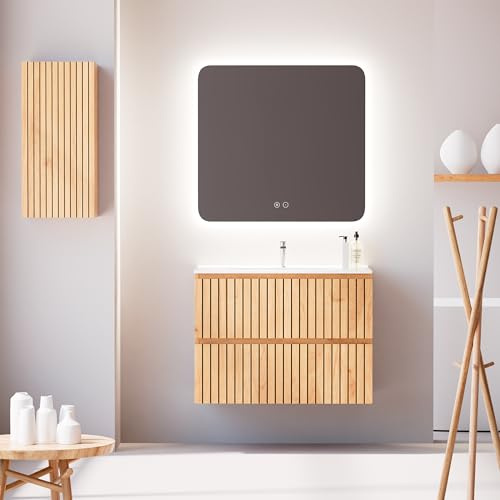 Feel Your Bath Mueble de Baño 80 cm Roble Nórdico con Encimera Cerámica Blanca Brillo, Espejo Cuadrado LED Antivaho, Lavabo Incluido, 2 Cajones Soft Close, Diseño Suspendido, Buen Almacenaje