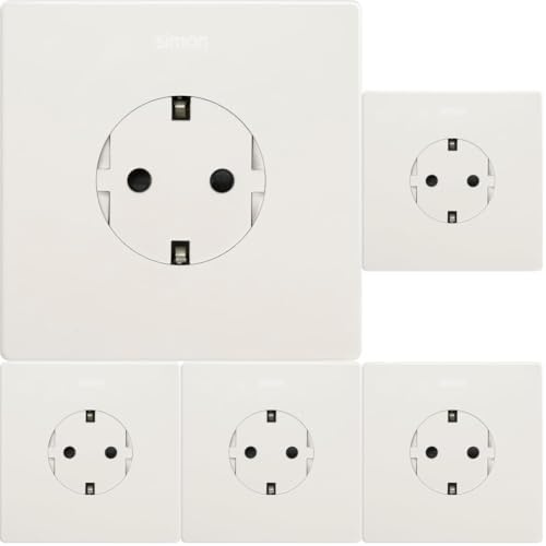 SIMON - KIT enchufe de Empotrar Clean Schuko blanco, Serie Simon 270, 250V, 10 A, Enchufe de Pared Plano y Fino, Fácil de Instalar, Incluye Marco, Tapa y Mecanismo, Color blanco (Paquete de 5)