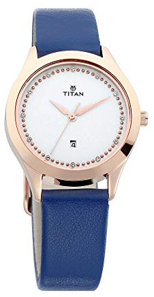 TITAN Sparkle Womens Quartz Analog Watch - Royal Blue Leather Band - White Face with Rose Gold Hands and Swarovski Crystals