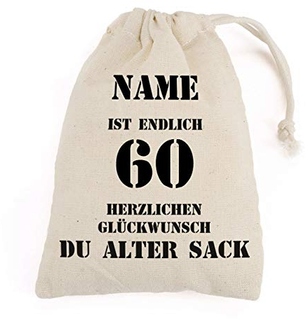 Herz & Heim® Kleiner Geschenkbeutel - Alter Sack - mit Namen des Geburtstagskindes bedruckt 60. Geburtstag