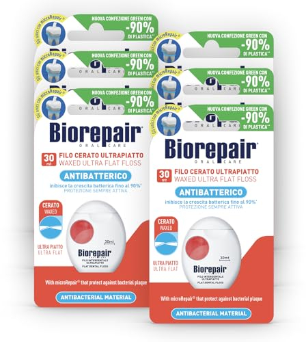 Biorepair, Filo Interdentale Cerato Ultrapiatto, 6 x 30mt, Ideale per Spazi Stretti, con MicroRepair che Proteggono dalla Placca Batterica, Inibisce la Crescita Batterica Fino al 90%, per Igiene Orale