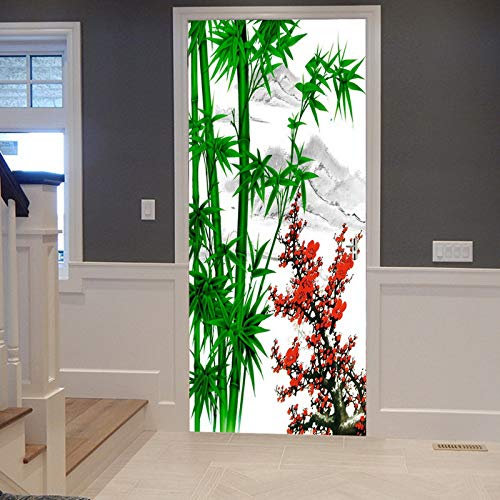 A.Monamour Sticker Porte Autocollant Poster de Porte 3D Aquarelle Traditionnelle Chinoise Fleurs De Prunier De Bambou Vert Vinyle Affiche de Porte Sticker Mural Papier Peint Art Décor 90 x 200 cm
