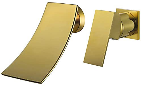 WPHH Robinet De Lavabo Cascade, Robinet D'évier De Salle De Bain Mural en Laiton Massif, Mitigeur Lavabo d'eau Chaude Et Froide, Robinet Mélangeur De Lavabo À Double Trou,d'or