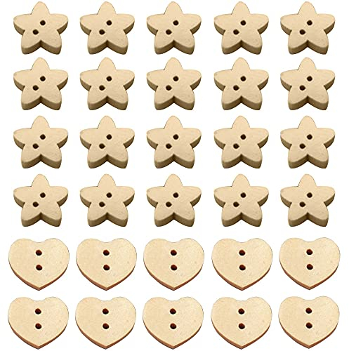 Pamtns Holzknöpfe 300 Stück Holz Stern Knöpfe Knöpfe Herzform Holz Knöpfe 2 Loch Herzförmige Holzknöpfe Knöpfe Holz Holzknöpfe Herz Form für Nähen DIY Handwerk