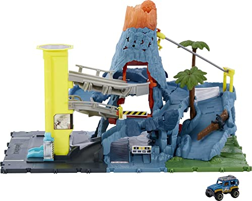 Matchbox Cars Spielset mit 1 Streichholzbox im Maßstab 1:64 Spielzeug SUV, Autoaktivierte Funktionen, bewegliche Teile, Lichter und Geräusche, Vulkan Escape Set 