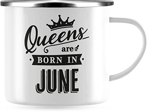 JUNIWORDS Emaille-Tasse, Queens Are born in June, Silberner Tassenrand