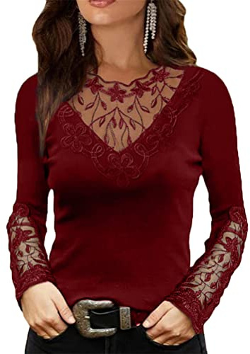 ORANDESIGNE Chemisier Sexy Femme Tunique Haut Manches Longues Évidé Top Automne Blouse Dentelle Chemisier Col V T-Shirt Chic D Rouge M