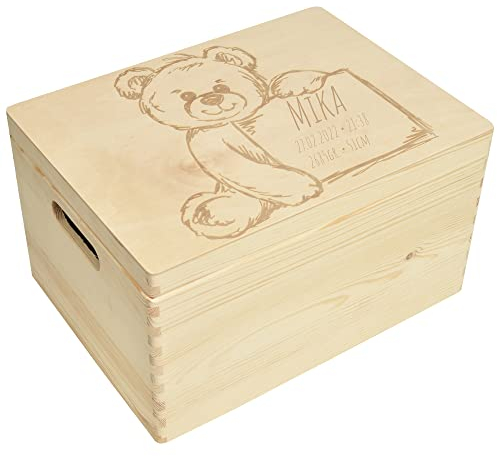 CHICCIE Erinnerungsbox personalisiert für Baby & Kind mit Gravur Teddy - Geburt Holzkiste für schöne Erinnerungen - Holz-Box Erinnerungskiste 40x30x23cm