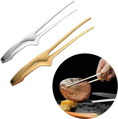 ANUBE Stainless Steel Self-Standing Tongs Korean and Japanese BBQ Tongs Kitchen Tongs for Cooking Small Serving Tong Grill Tongs for Salad, Camping (2Pack)