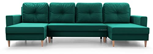 Wohnlandschaft Ecksofa U-Form mit Schlaffunktion Eckcouch mit Bettkasten Sofa Couch Polsterecke U-Sofa - 300x142x90 cm - Carl U (Meer Grün)