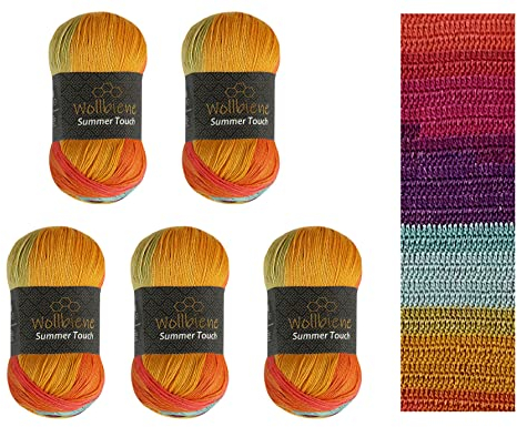 Wollbiene Summer Touch Batik 5 x 100 Gramm Wolle Mehrfarbig mit Farbverlauf, 500 Gramm merzerisierte Strickwolle Microfiber-Acryl (513 petrol terrakota braun)