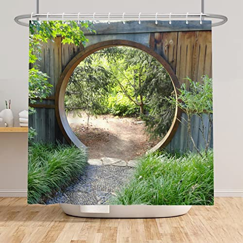 SDOTPMT 150x180cm Rideau de Douche Paysage de Jardin Vert botanique Feuilles Naturelles de Village Rideau de Bain Rond Porte en Bois Farmhouse Rideau de Baignoire pour Salle de Bain avec Crochets