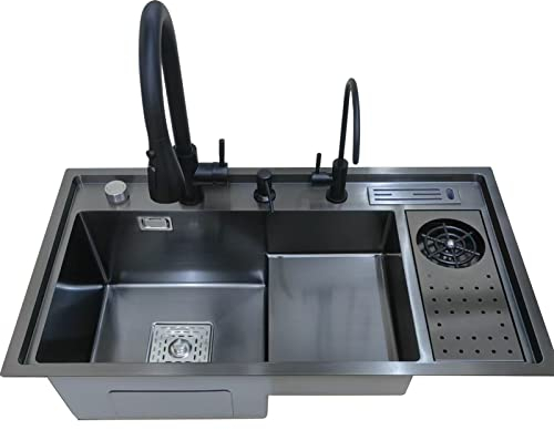 Évier De Cuisine en Acier Inoxydable 304 avec Rince-Verre Et Robinet, Monocuvette Évier De Bar Étagé Grand Évier De Poste De Travail De Cuisine Encastré (Color : A, S : 82x46x22cm)