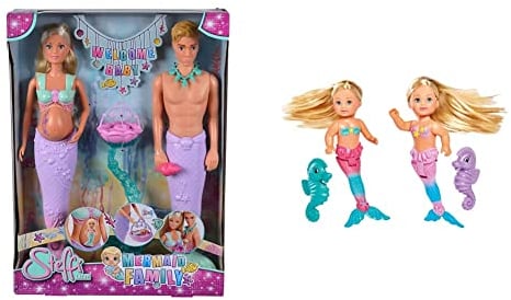 Simba 105733524 - Steffi Love Mermaid Family, ab 3 Jahren & 105733424 - Evi Love Little Mermaid, 2-sort., Evi als Meerjungfrau, bewegliche Schwanzflosse, mit Seepferdchen, 12cm,ab 3 Jahren