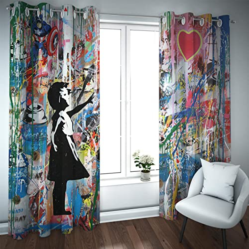 Tongda Decor Banksy Berühmte Malerei Wohnzimmer Vorhänge Bunte Luftballons Mädchen Straße Graffiti Schlafzimmer Schatten Vorhänge mit Ösen 2 Paneele W117xL183cm