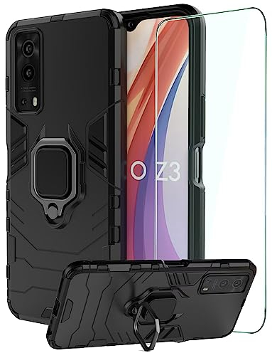 DERHAN Funda para Vivo Y72 5G / Vivo Y52 5G, Fundas Protectora con Cristal Templado, Carcasa Antigolpes con Soporte Anillo - Negro