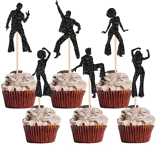 30 Stück 70's Disco Tortendeko Glitzer 70s Disco Dancing Cupcake Toppers für Musik Hochzeit Geburtstag 70's Disco Tänzer Cupcake Dekorationen Party Schwarz
