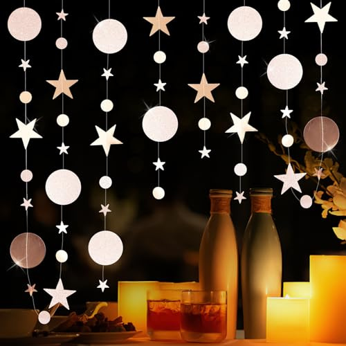FainFun 4 Stück 4m Papier Girlande Rund Kreis, Glitzer Girlande Champagner Gold, Romantische Girlande Stern Runde Kreise, Stern Girlande Gold für Party, Geburtstage, Hochzeiten, Feiertagsdekorationen