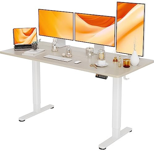 Claiks Schreibtisch Höhenverstellbar Elektrisch, Höhenverstellbarer Schreibtisch 160x60 cm, Standing Height Adjustable Desk, Weiß Gestell/Beige Oberfläche