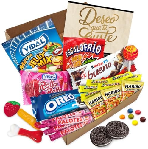 Geschenkbox mit über 20 Kinder-Schokoladen, Oreo-Keksen, ShocoBons, Chupa Chups, Haribo, Palotes, Lacasitos und Mehr · Mit Personalisierter Karte