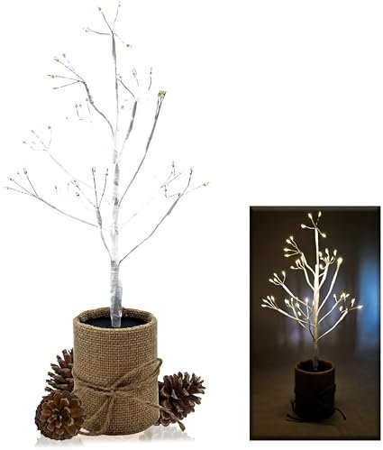 MAKA Albero di Betulla Bianco 35-45 cm Dorato Classico Artificiale Alberello di Natale Illuminato Luce Led con Batterie (non incluse) o USB Rami Regolabili 14-108 Luci Mini (Bianco-35cm-lucciole)