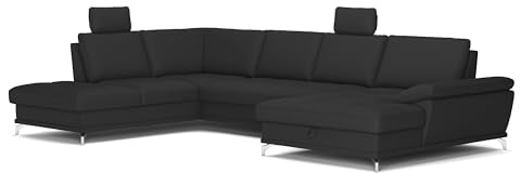 Cavadore Wohnlandschaft Castiel mit Federkern / Sofalandschaft mit großem Longchair, Bett, Bettkasten, Sitztiefenverstellung, Kopfstützen und Metallfüßen / 363 x 89-104 x 223 / Echtleder, Schwarz