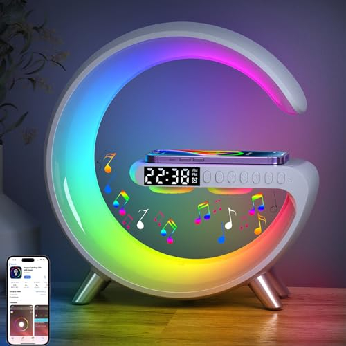 YeahBoom Lampe de Table Intelligente,Lampe d'ambiance Avec Chargeur Sans Fil,Contrôle par Application Enceinte Bluetooth Lumineuse,Veilleuse à Intensité Variable Avec Synchronisation de la Musique