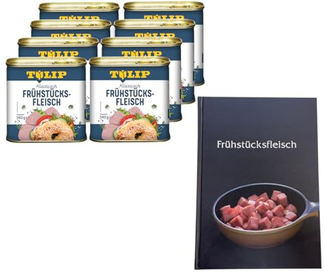 TULIP 8x Schweine-Frühstücksfleisch 340g + Kochbuch | Schweine-Frühstücksfleisch in der Dose und ein passendes Frühstücksfleisch gebundenes Kochbuch mit 57 Rezepten | 87% Schweinefleisch