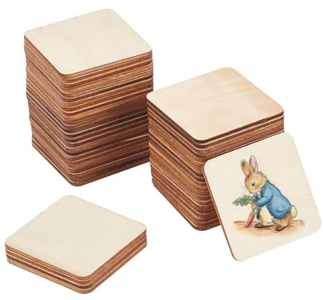 NBEADS 50 Stk. Holz Quadratische Scheiben, 5×5cm Blank Naturholzscheiben Ungefertigte Holz Tasse Untersetzer Rechteckige Blanko-Holzausschnitte für Holzverbrennung Kunsthandwerk Holzgravur