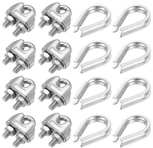 PATIKIL Set de Accesorios para Cuerda de Alambre, 304 Acero Inoxidable 12 Piezas Abrazadera de Cable 10 Piezas Guardacabos para Cuerda de 2mm/1/8