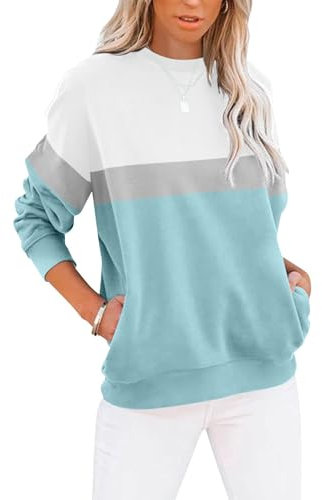 Cuptacc Sweatshirt Damen Pullover Elegant Farbblock Rundhals Langarmshirt Damen Locker Baumwolle Oberteile Pulli Blau Klein S 34-36