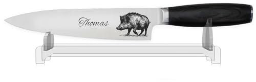 WOLFSARTIG Küchenmesser mit Gravur - Geschenke für Jäger - scharfes Kochmesser Hobbykoch - Personalisierte Jagd Geschenke für Männer - Weihnachten Geburtstag Vatertag (mit Ständer)