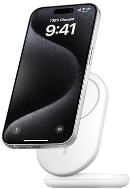 Belkin BoostCharge MagSafe Charger, Magnetic Foldable Wireless Charging Stand 15W, MagSafe-Compatible Portable Fast Charger for Qi2, iPhone 16, 15, 14, 13 & 12 Series, Stand by Mode Ready - White