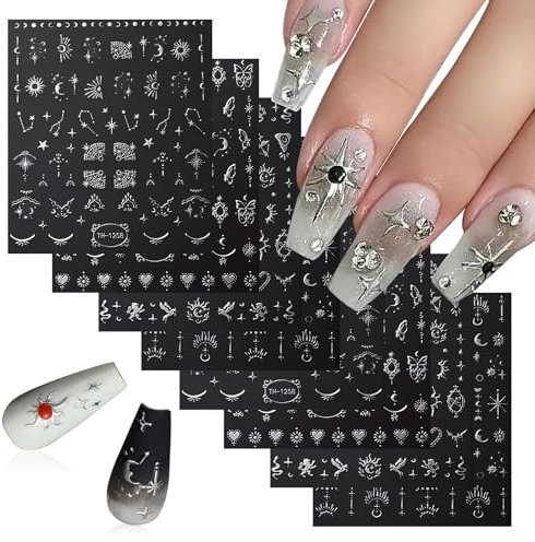 8 Blatt Metallisch Silber Nagelsticker, Nail Sticker, Damen Nagelaufkleber, Nagelsticker Selbstklebend, Nail Art Stickers, Nageldesign Sticker Zubehör für DIY Dekorationen, Nail Art, Phone Case