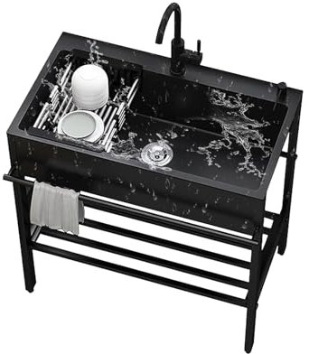 Schwarz Edelstahl Freistehende Spültisch Spülbecken Küchenspüle,Moderne 1 Becken Waschtisch,Waschbecken Organizer,mit Lagerplattform,mit Warm Kaltwasserhahn,for Outdoor Garten Waschküche.