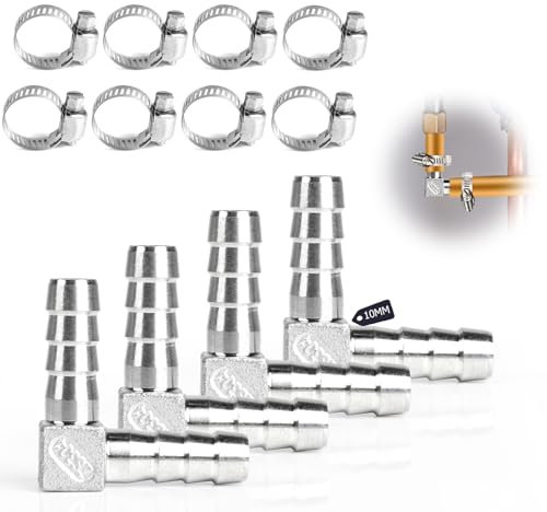 SUPAWAY Conector en L de 2 vías, Codo de 90 grados SUS 304, Conector en forma de L con abrazaderas, Accesorios de lengüeta para manguera, Ideal para aire, agua, combustible y gas (10 mm, Set de 4)