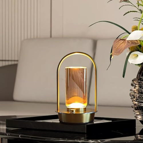 BomKra LED Dimmbare Tischlampe Kabellos, Akku Tischlampe Touch Dimmbar 3 Farbtemperatur Tischleuchte, Tragbare Kristall-Laternen Lampe für Innen und Aussen mit USB-C (Gold)