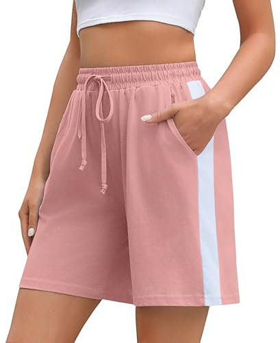 Litherday Shorts Damen Sommer Sporthose Kurz High Waist Bermuda Shorts Streifen Lose Jogginghose Sportshorts mit Taschen Rosa L