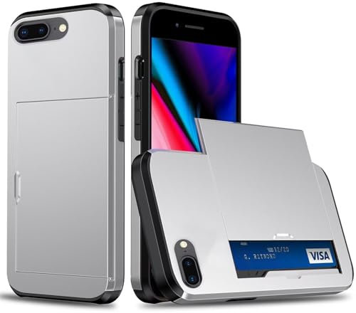 Coque Portefeuille pour iPhone 7 Plus/8 Plus avec Porte-Cartes, Étui de Protection Téléphone Double Couche Antichoc, Fente Cachée Coulissante,Antichoc TPU+PC Housse Portefeuille(Couleur Argent)