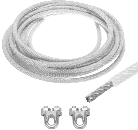 QUARKZMAN 6m Cavo Acciaio Rivestito Trasparente 10mm (3/8 pollici) con 2Pz Manicotti a Anello M10 Morsetti Stendibiancheria per Appendere Luci Corda, Ringhiere per Ponti, Filo Giardino