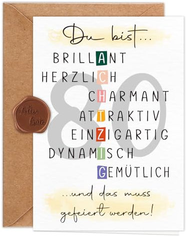 Giftota Geburtstagskarte 80 Jahre Frau Mann (A6 Klappkarte mit Umschlag & Wachssiegel), Schöne Geschenkkarte zum 80. Geburtstag mit besonderen Designs, 80. Grußkarten für Freunde, Geliebte und Eltern