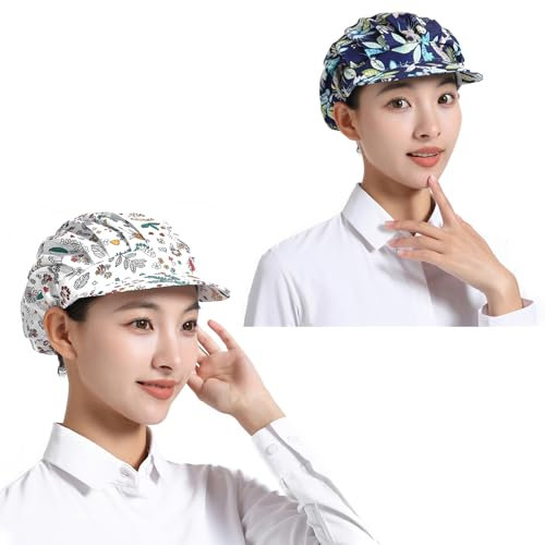 THXFUNAREA 2 Pcs Gorro Cocina Mujer,Gorro de Chef Redecilla para Cocina Media Elástica Transpirable Gorro Chef para Panadero,Mujer,Catering,con Sombrero de Chef con ala,Motivo Floral