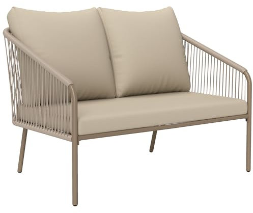 Outsunny Gartensofa 2-Sitzer aus Polyrattan mit Kissen, Outdoor-Sofa mit Armlehnen, Stahlrahmen für Balkon, Beige