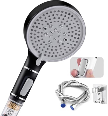 High-Pressure Shower 120mm Head with 2M Hose & Holder, Handheld Shower with 5 Spray Modes, Water-Saving, 4-Layer Filtration, Powerful for Hard Water, with Pause Switch (Black)