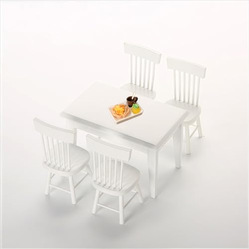 Quintrost 10 Stück Mini Tisch und Stuhl Ornamente, 1:12 Puppenhaus Schreibtischstuhl Set mit Miniatur Harz Lebensmittel Pommes, Holz Simulierter Tisch Mini Möbel Modell Zubehör (Weiß)