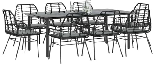 QJBSAVVA 9-TLG. Garten-Essgruppe Schwarz 200 x 100 x 74 cm mit Poly-Rattan Stühlen und Glas-Tisch große Sitzgruppe Outdoor robust und modern für Balkon Terrasse und Garten