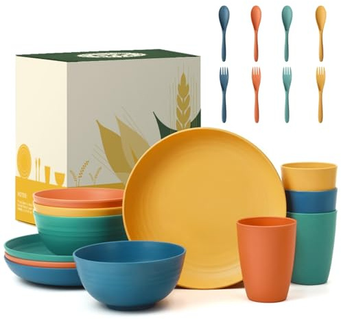 Wrova Reusable Plastic Dinner Sets 20 Piece Plate and Bowls Set for 4 | Unbreakable Cutlery Set Microwave and Dishwasher Safe Plate Sets, Camping Dinner Set for Indoor & Outdoor - MultiColor