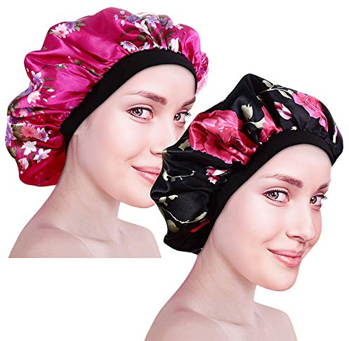 CODIRATO 2 Stück Satin Cap Seide Schlafmütze Satin Schlafmütze mit breitem Gummiband Weiche Nachtmütze für Damen zum Schlaf, Haarpflege (Rosenrot, Schwarz)
