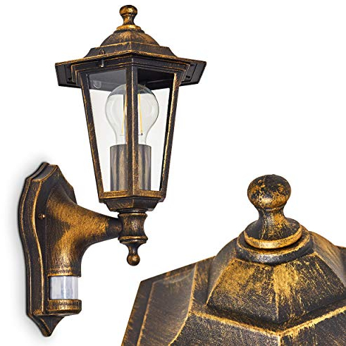 Loria Outdoor Wall lamp with Motion Detector, Wall Light Upwards in Antique Look, cast Aluminium in Brown/Gold with Clear Glass panes, Wall lamp for Terrace with E27 Socket, Vintage, Without Bulbs